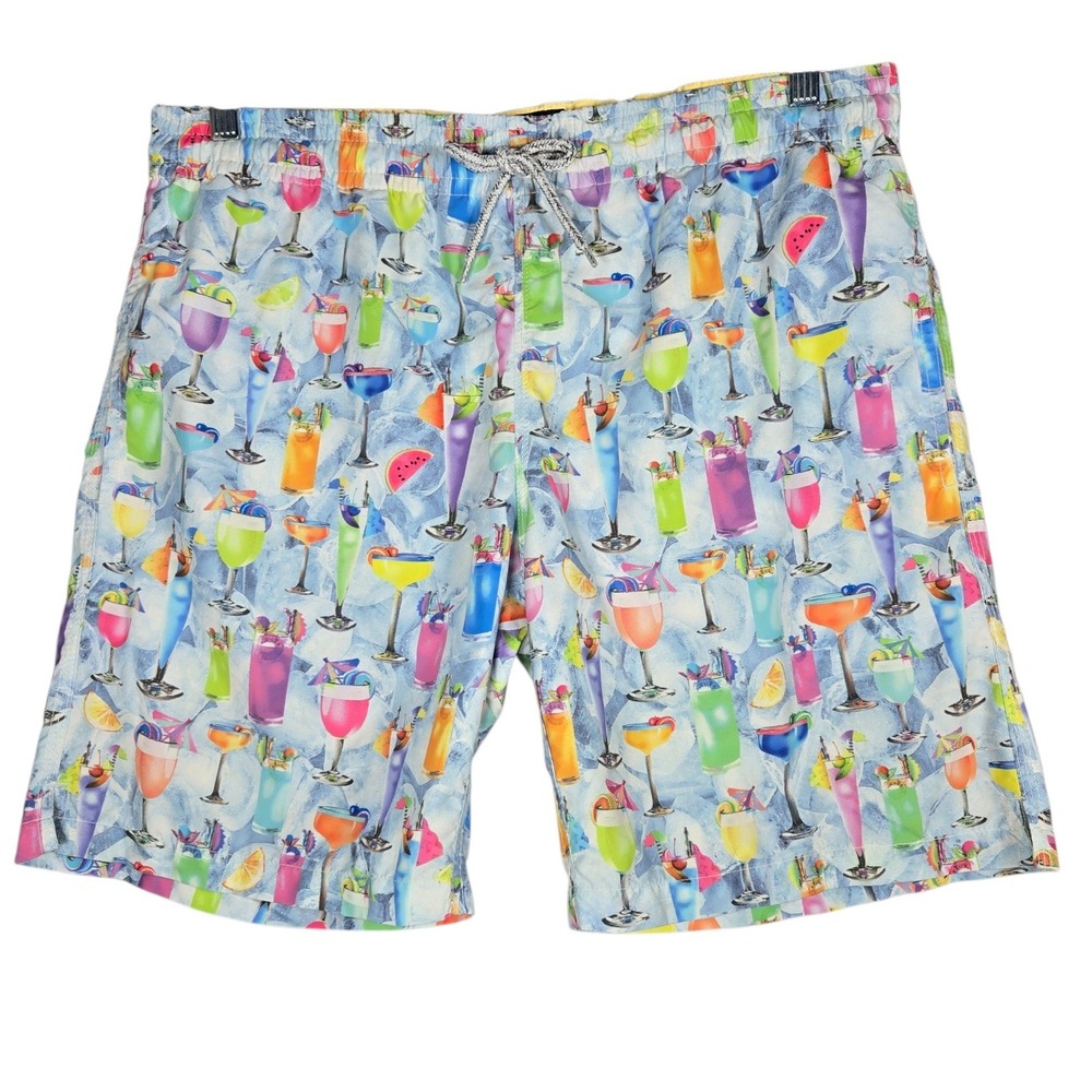 Michaels Cocktails Swim Trunks Men Large Blue Tropical Drink Print Shorts Casual